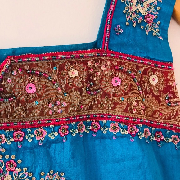 Vintage Heavily Beaded Aqua Turquoise Iridescent Indian Kurta Tunic Gems Dress. - Picture 2 of 13